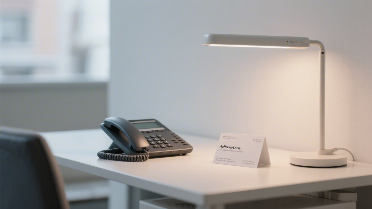 Minimal contact desk setup with a phone, printed address card, and soft lighting, emphasizing clear and professional communication details.