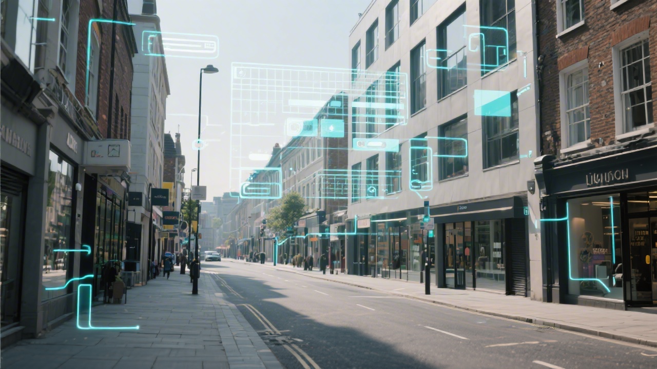 Modern urban street in Dublin with subtle digital overlays of clean UI grids, representing the blend of city commerce and light-first interface design principles.