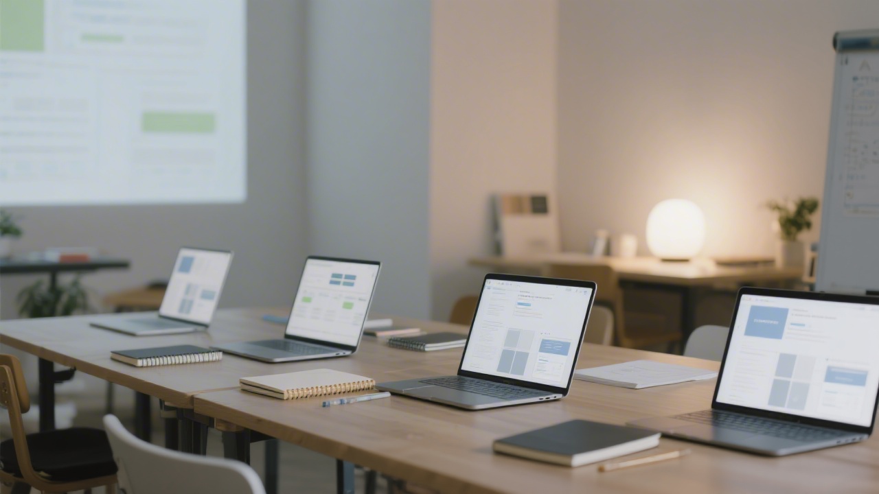 Workshop table with laptops displaying clean UI templates, notebooks, and soft lighting, showing a calm educational setting for focused design training.