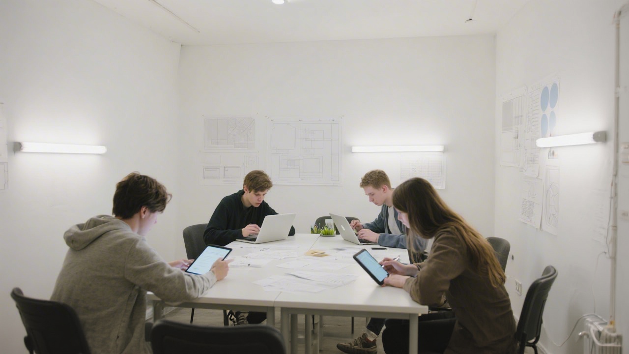 Small workshop room with students reviewing clean UI layouts on tablets and laptops, white walls and soft ambient light emphasizing focused learning.