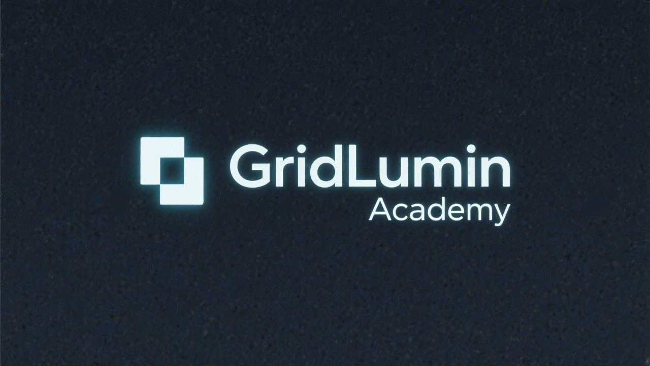 Minimal geometric wordmark logo for GridLumen Academy, simple sans-serif lettering with a small luminous square mark, designed for clean modern brand recognition.