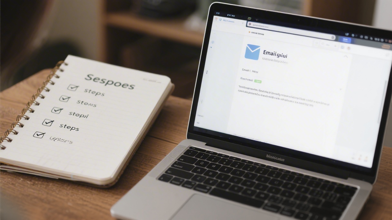 Notebook with a checklist labeled response steps, alongside a laptop showing a clean email draft, indicating organized follow-up process.