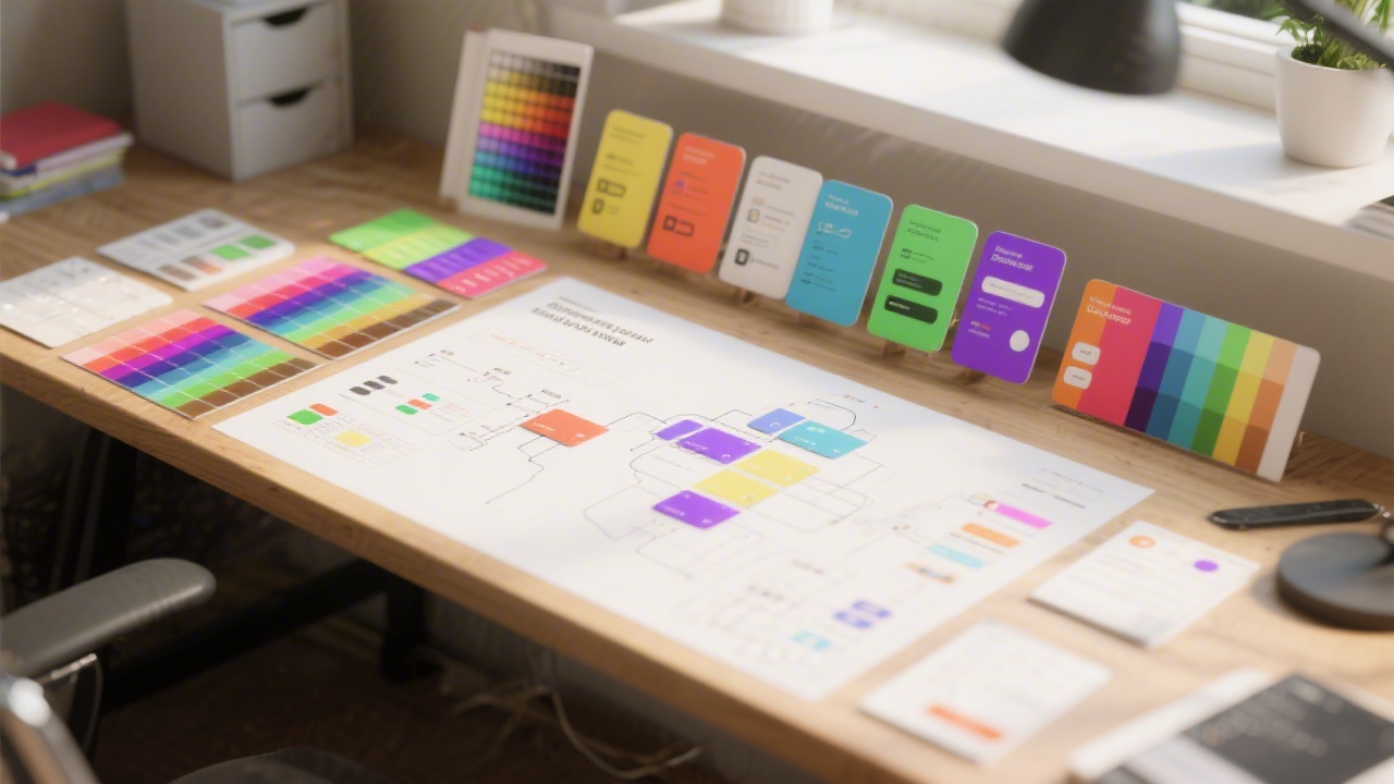 Wide desk with design system diagrams, UI cards, and bright color palettes laid out neatly, representing organized course structure and curriculum planning.